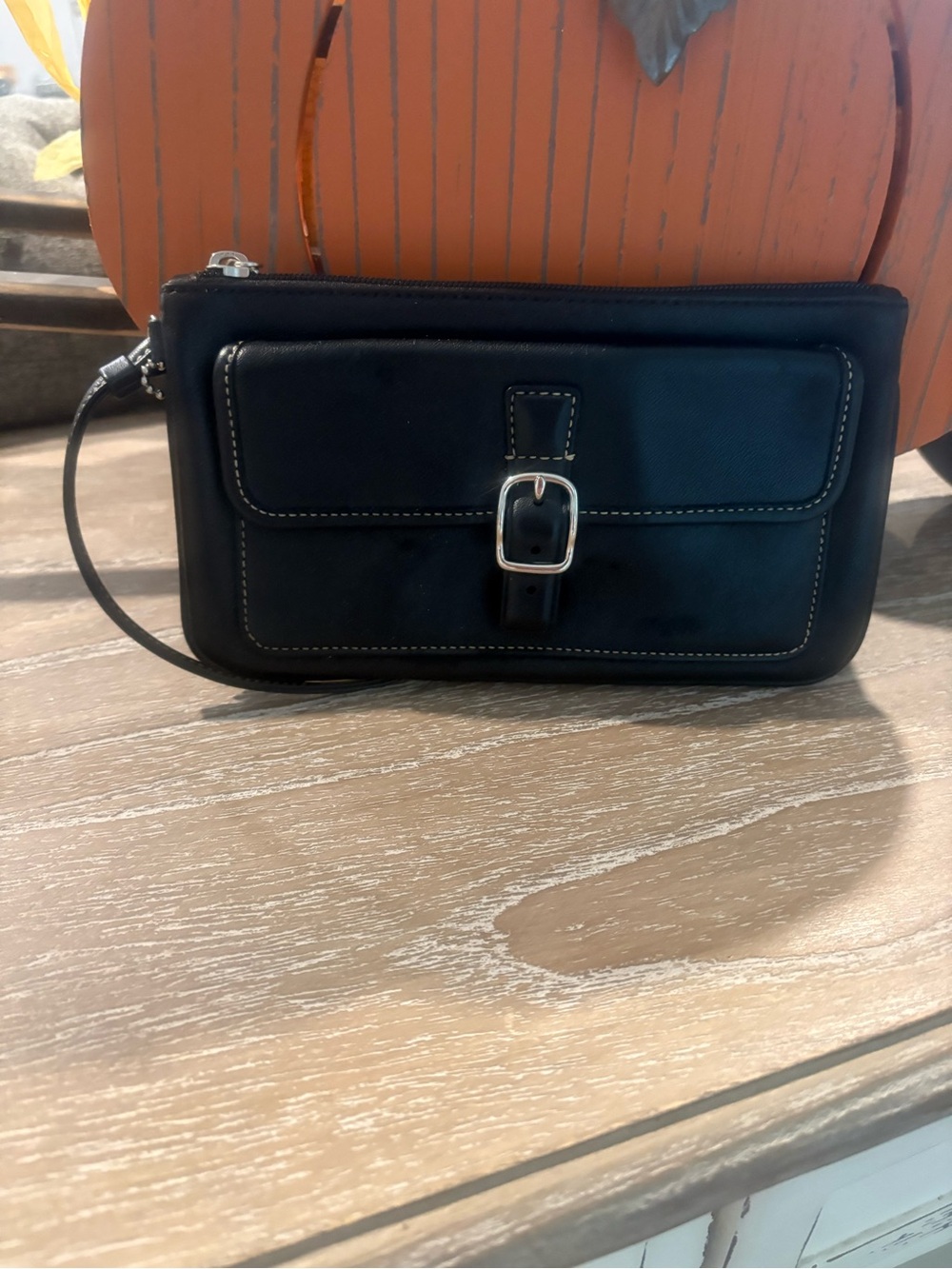 Coach Black Leather Wristlet Clutch with Silver Buckle